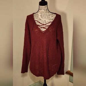 Burgundy Knit Sweater with Lace-Up V-Neck